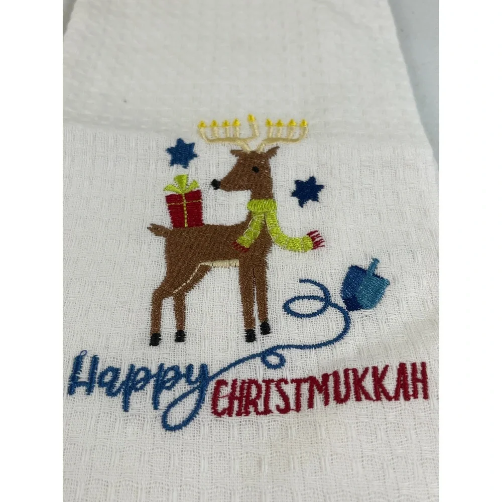 Happy Christmukkah Embroidered Kitchen Towel Reindeer Menorah Dreidel Cotton